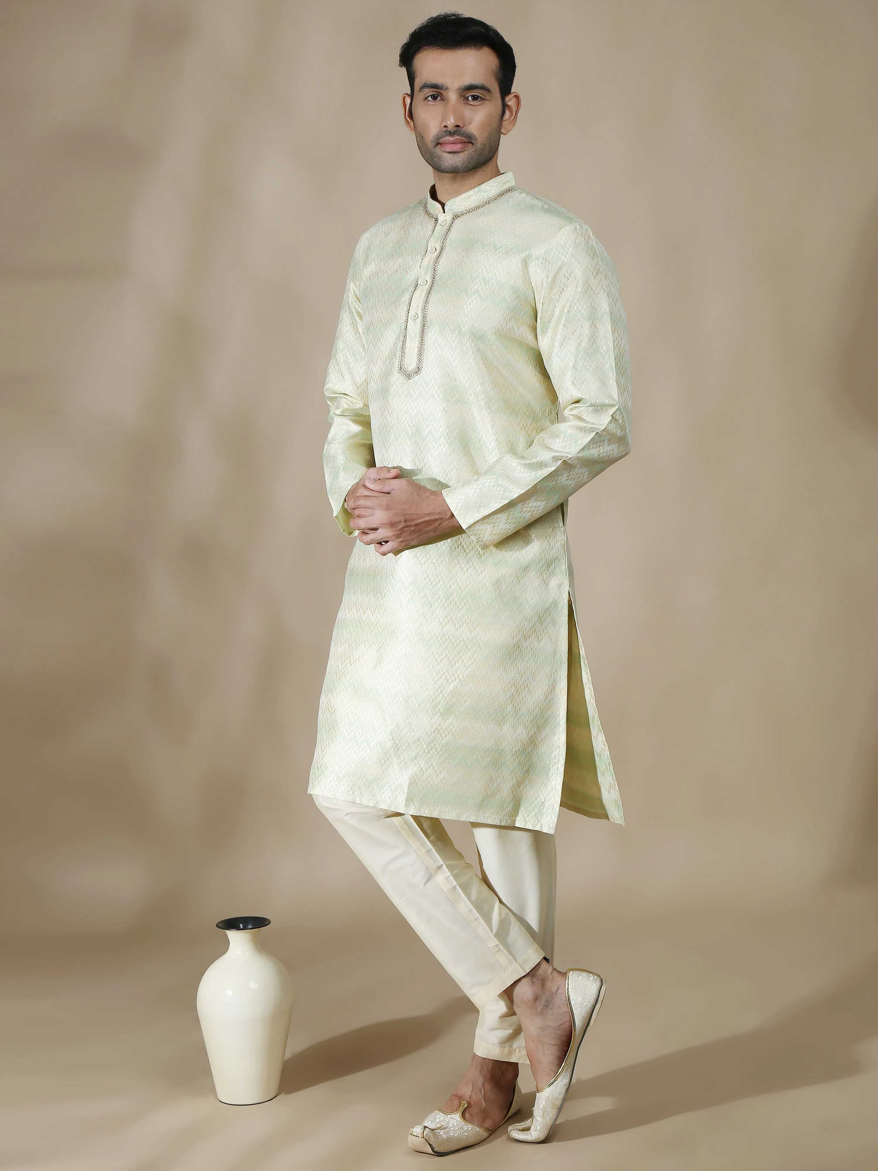 Green and Grey Banarasi Brocade Long Kurta