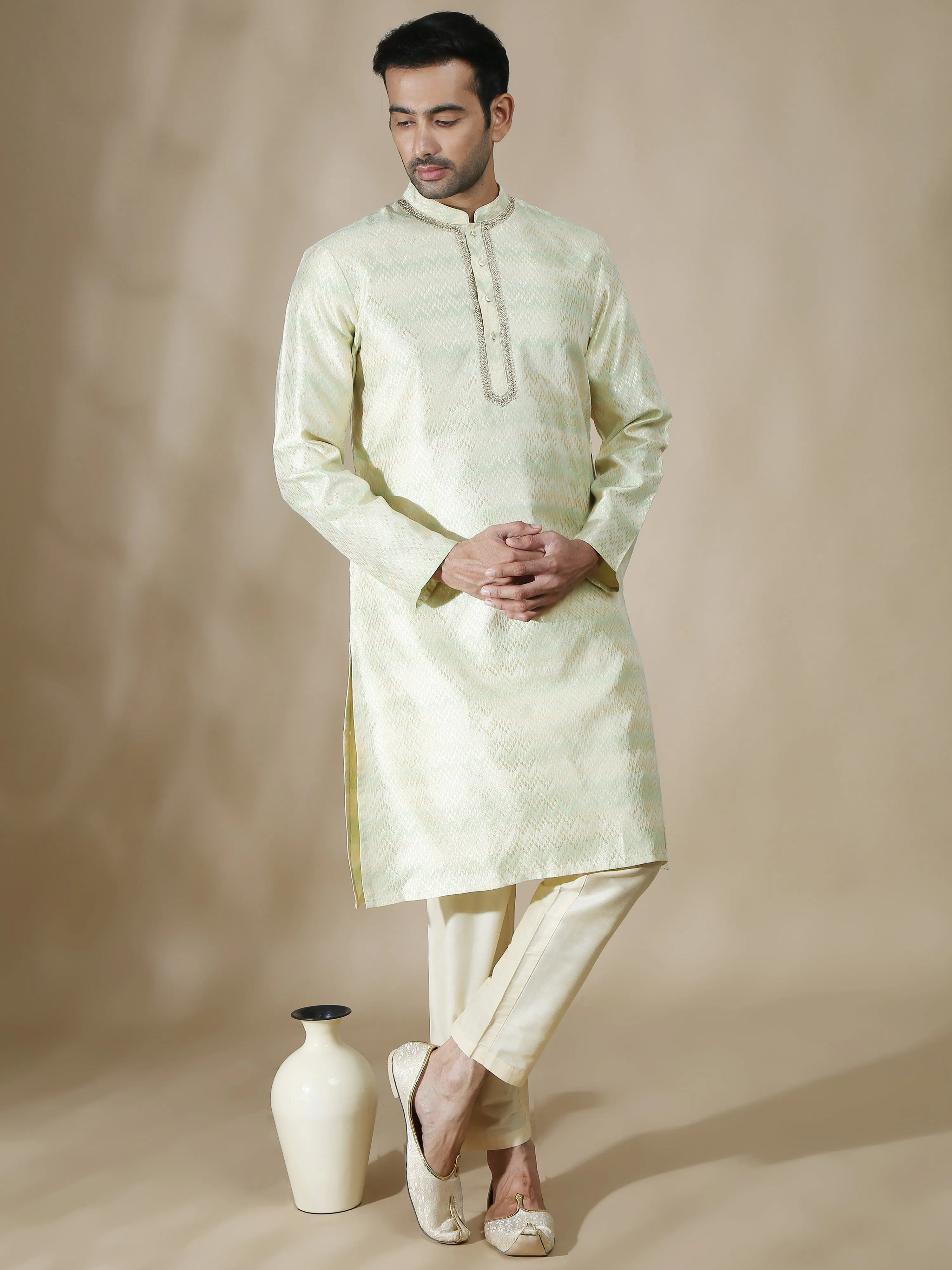 Green and Grey Banarasi Brocade Long Kurta