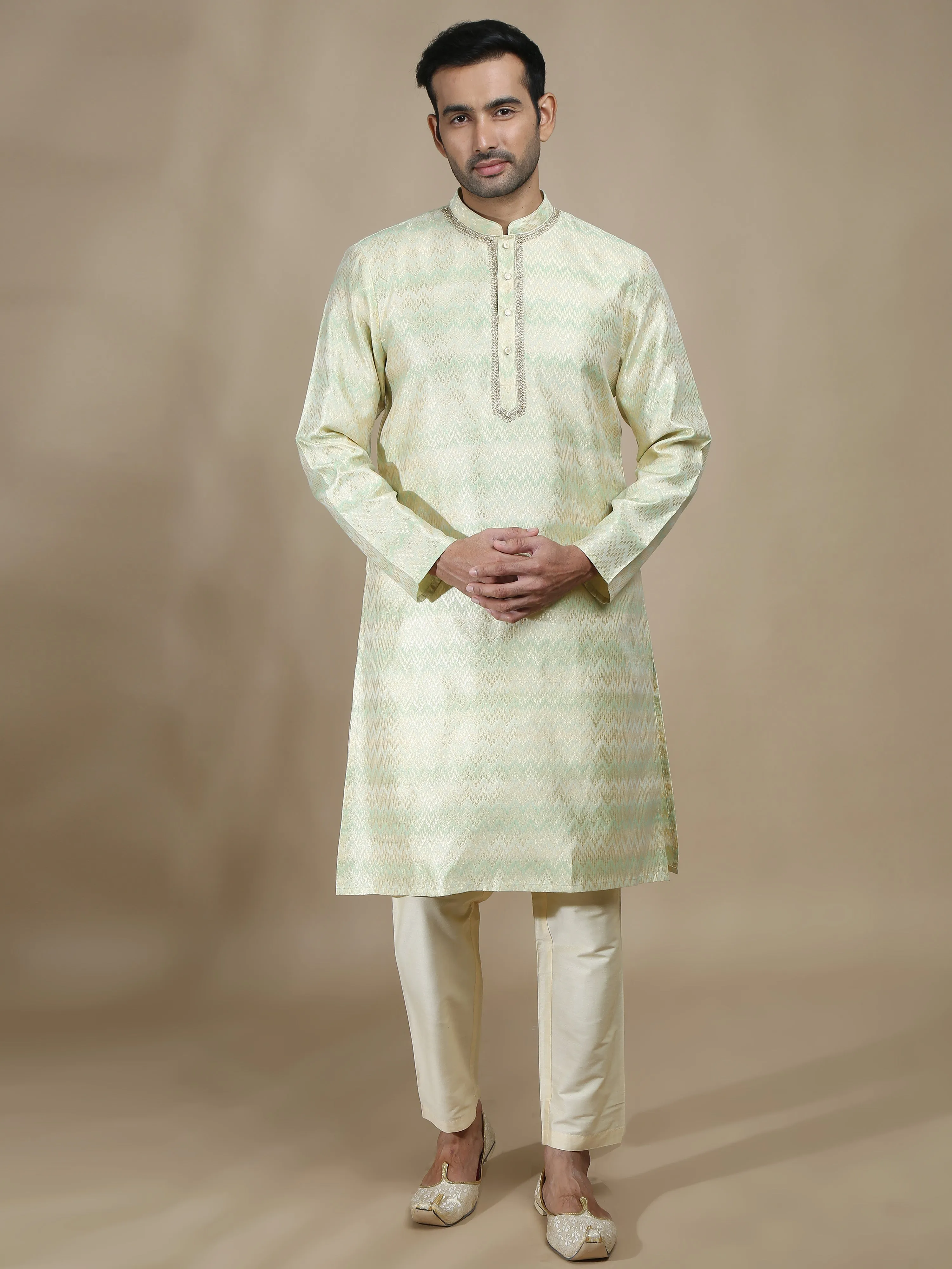 Green and Grey Banarasi Brocade Long Kurta