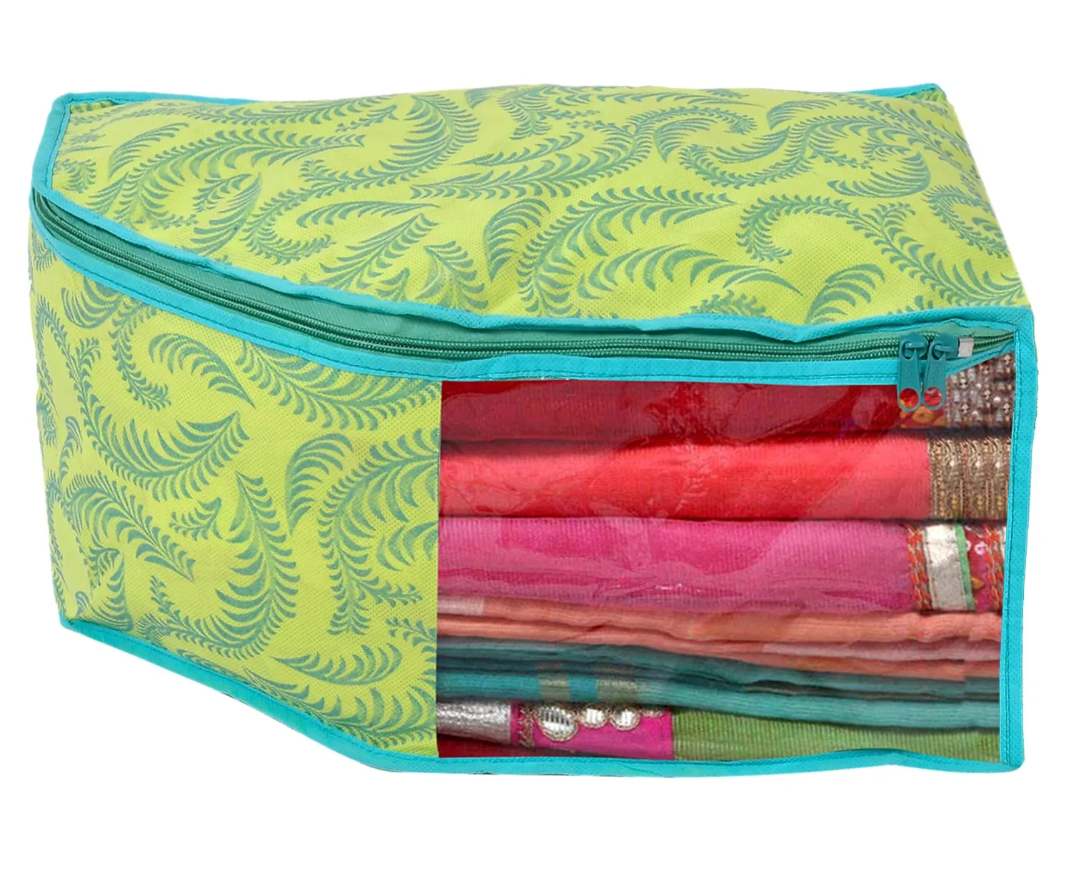 Heart Home Leaf Printed Non-Woven Blouse Cover Wardrobe Organiser Clothes Storage Bag With Front Window- Pack of 6 (Green)-44HH0534