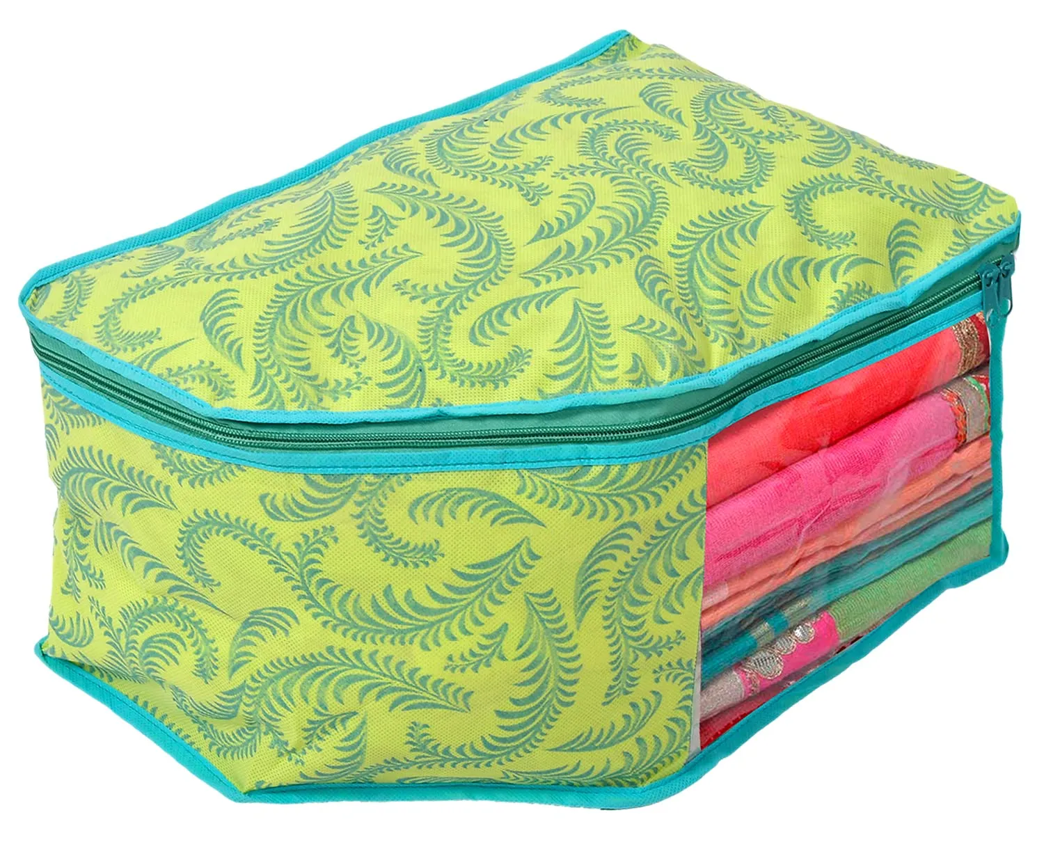 Heart Home Leaf Printed Non-Woven Blouse Cover Wardrobe Organiser Clothes Storage Bag With Front Window- Pack of 6 (Green)-44HH0534