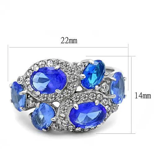 High polished (no plating) Stainless Steel Ring with Synthetic Synthetic Glass in Sapphire for Women Style TK3030