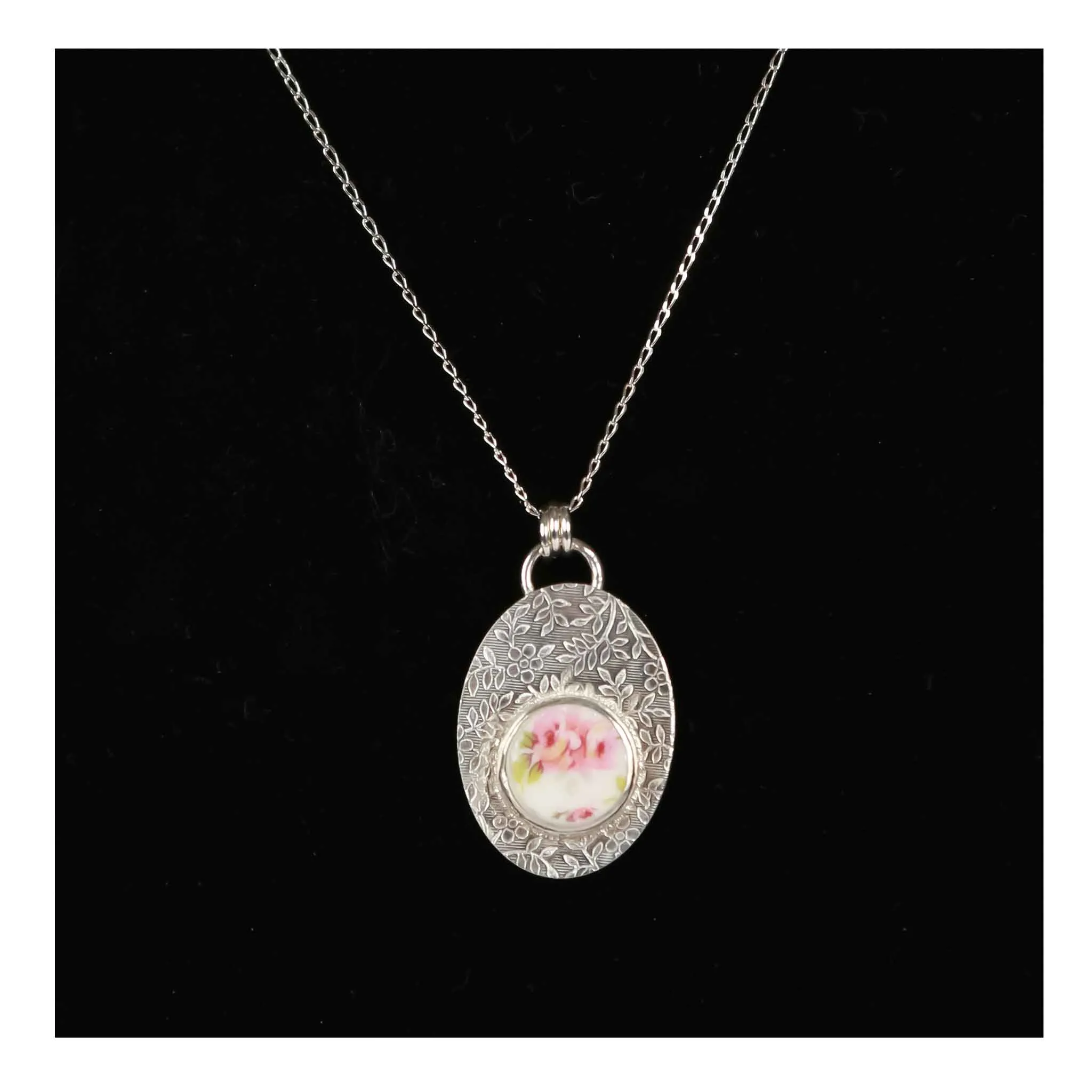 HMC Pink Floral Sterling Oval Pendant