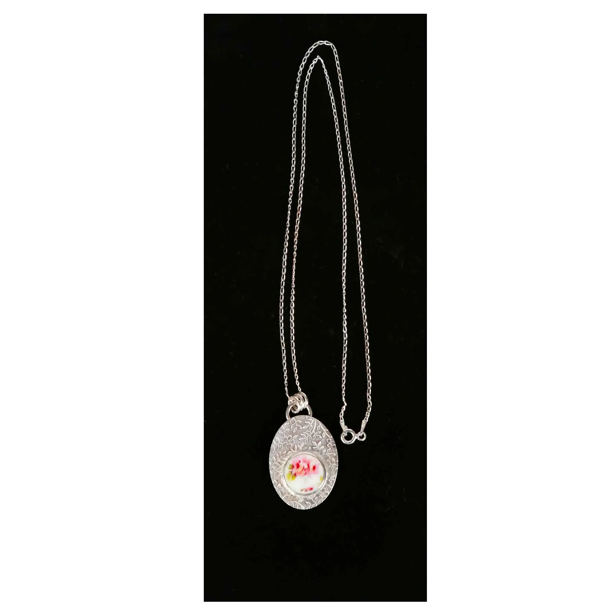 HMC Pink Floral Sterling Oval Pendant