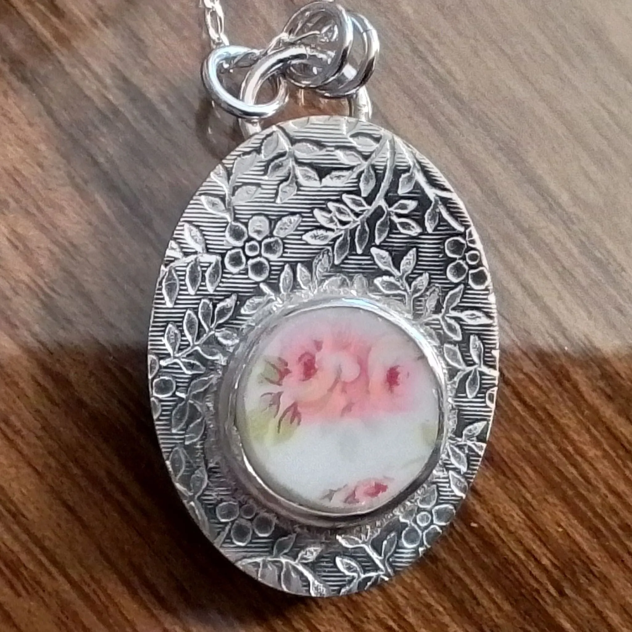 HMC Pink Floral Sterling Oval Pendant