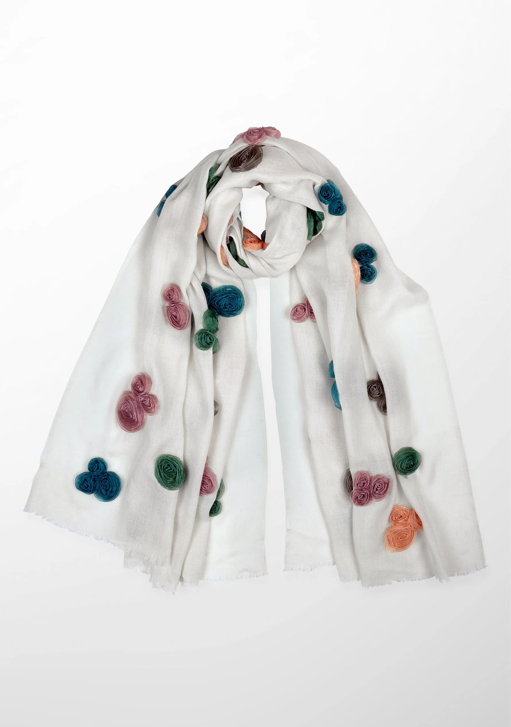 Ivory Cashmere Scarf with Multi Colored Ribbon Roses