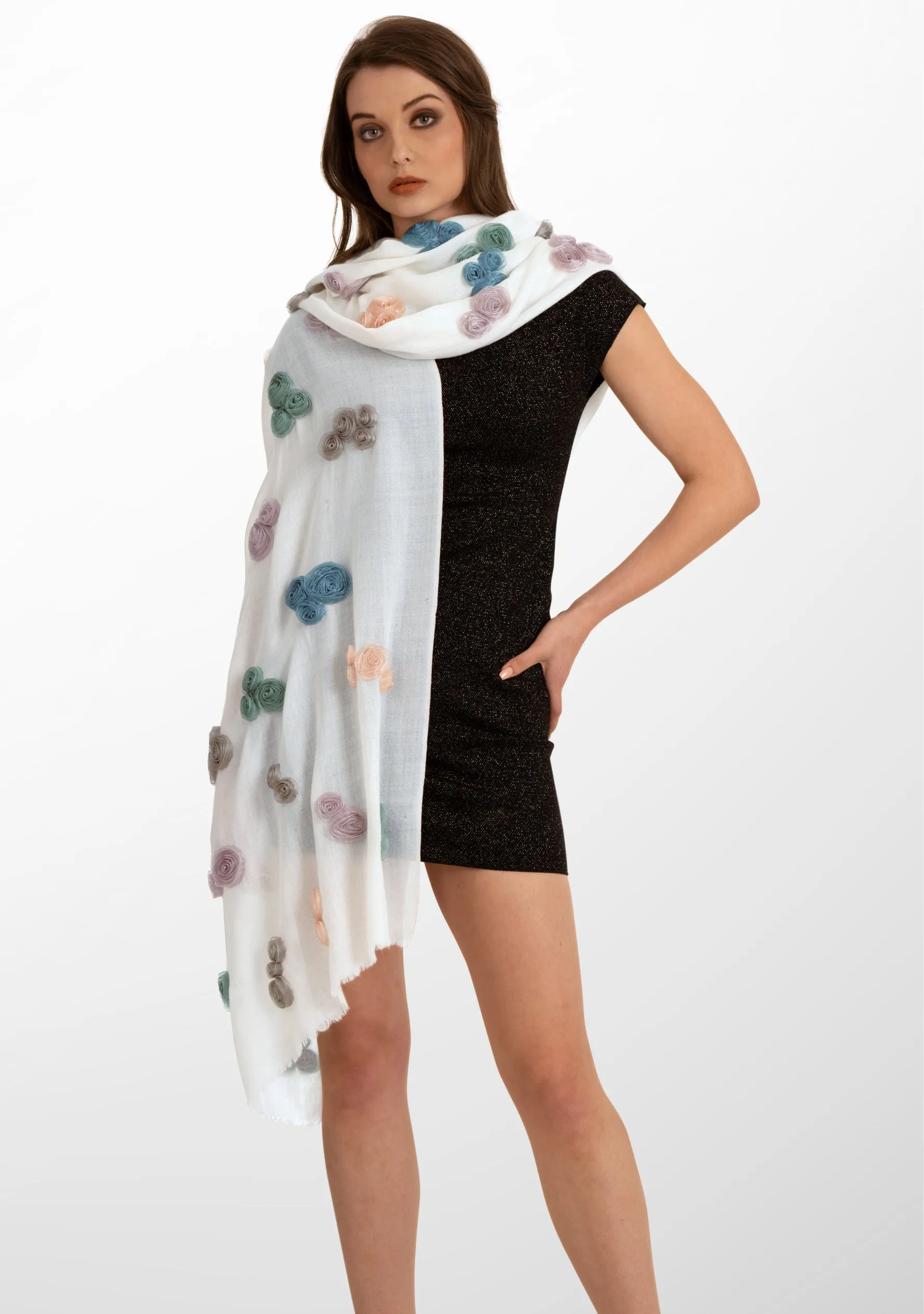 Ivory Cashmere Scarf with Multi Colored Ribbon Roses