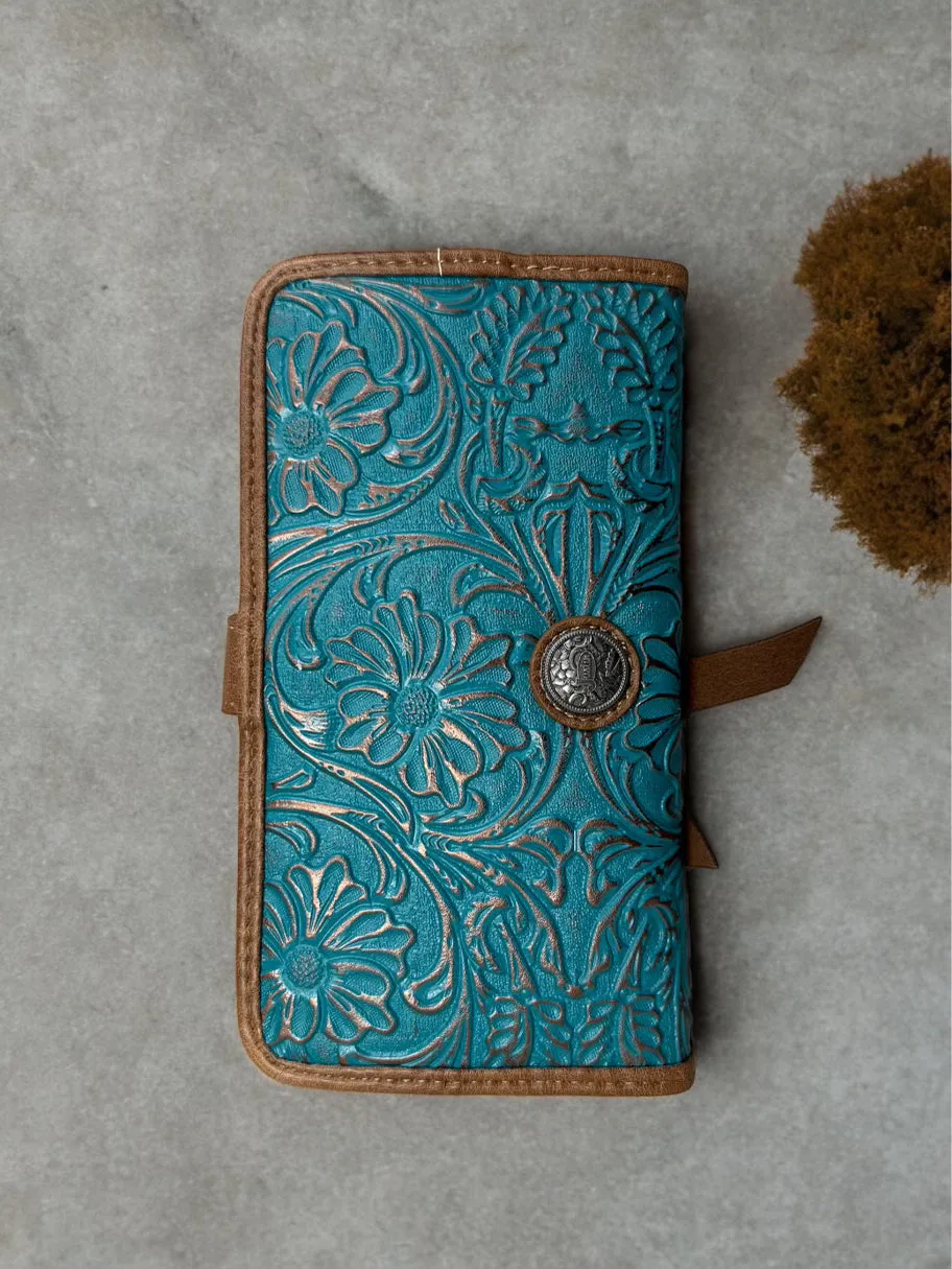 Justin Floral Tooled Turquoise Slim Wallet 24020775W