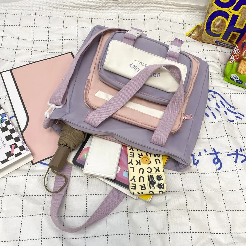 Kawaii Colorblock Canvas Shoulder Bags W/ Keychain