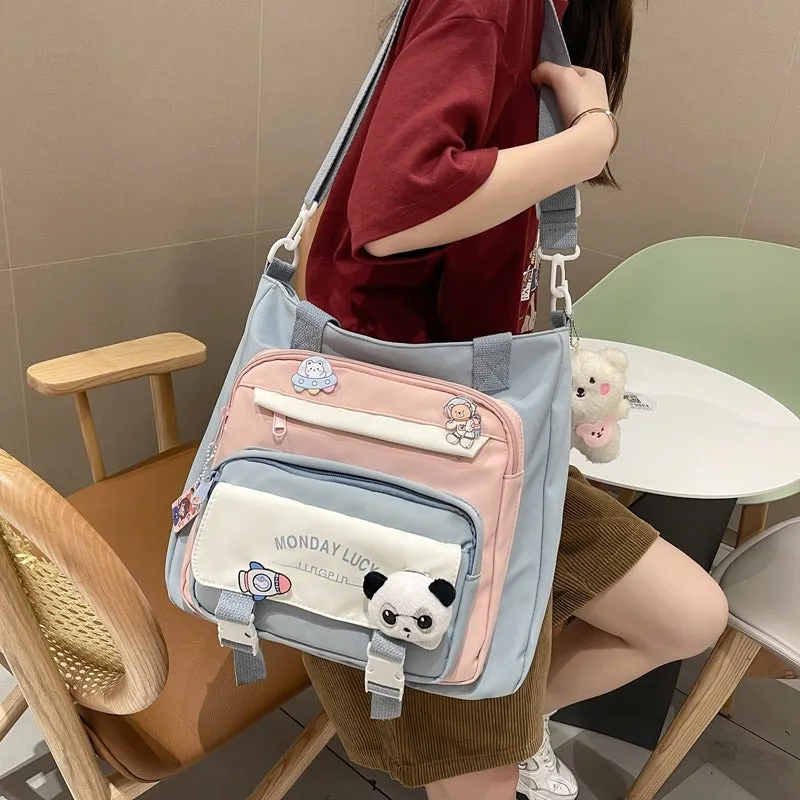 Kawaii Colorblock Canvas Shoulder Bags W/ Keychain