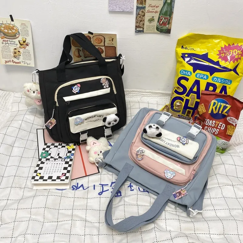 Kawaii Colorblock Canvas Shoulder Bags W/ Keychain