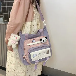 Kawaii Colorblock Canvas Shoulder Bags W/ Keychain