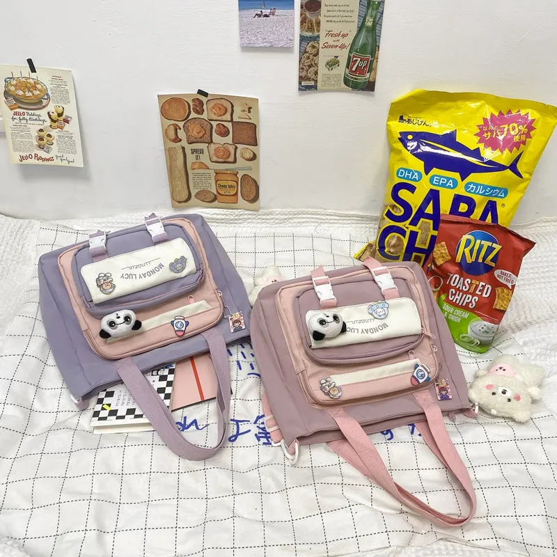 Kawaii Colorblock Canvas Shoulder Bags W/ Keychain