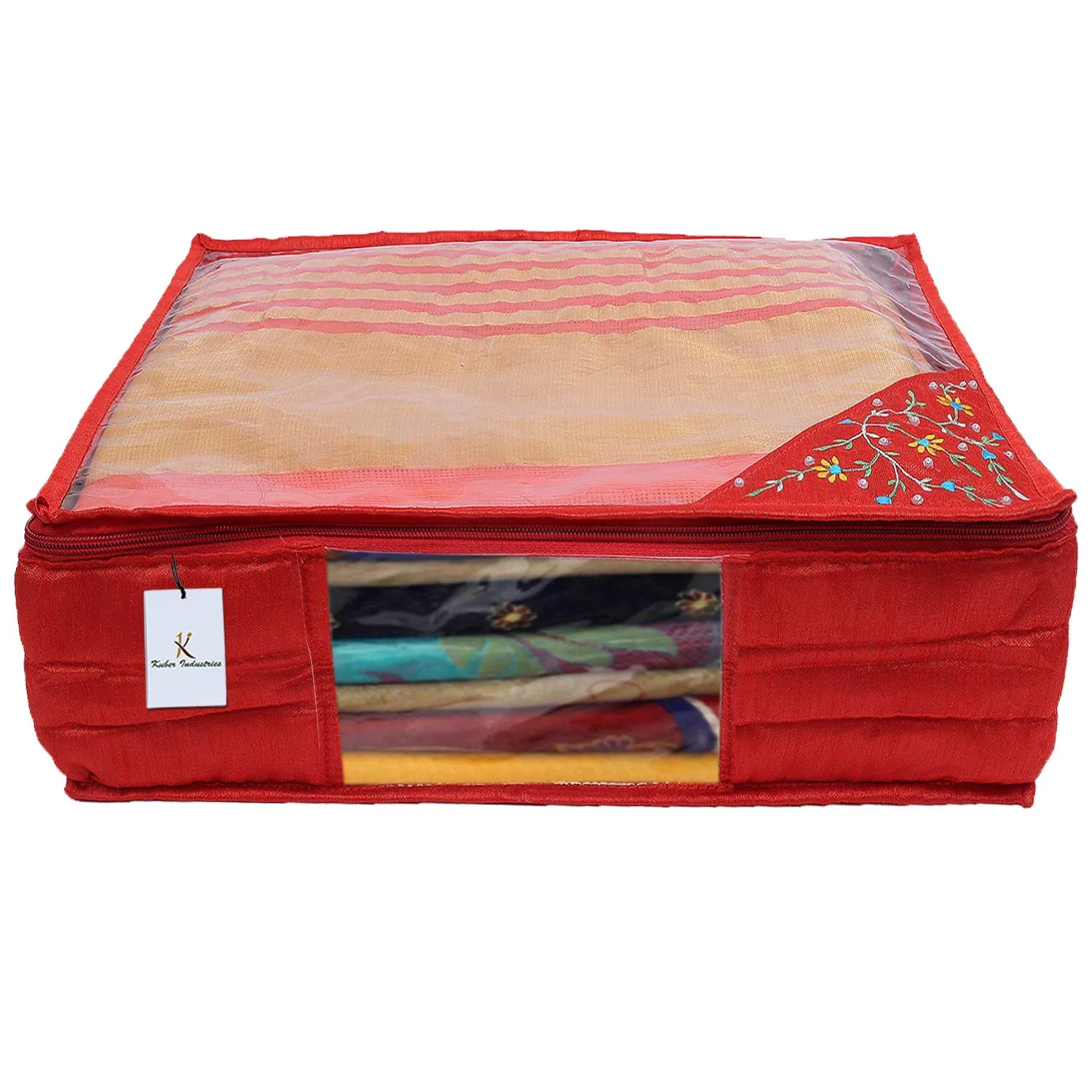 Kuber Industries 3 Layered Quilted Silk Saree Cover (Red) -CTLTC10617