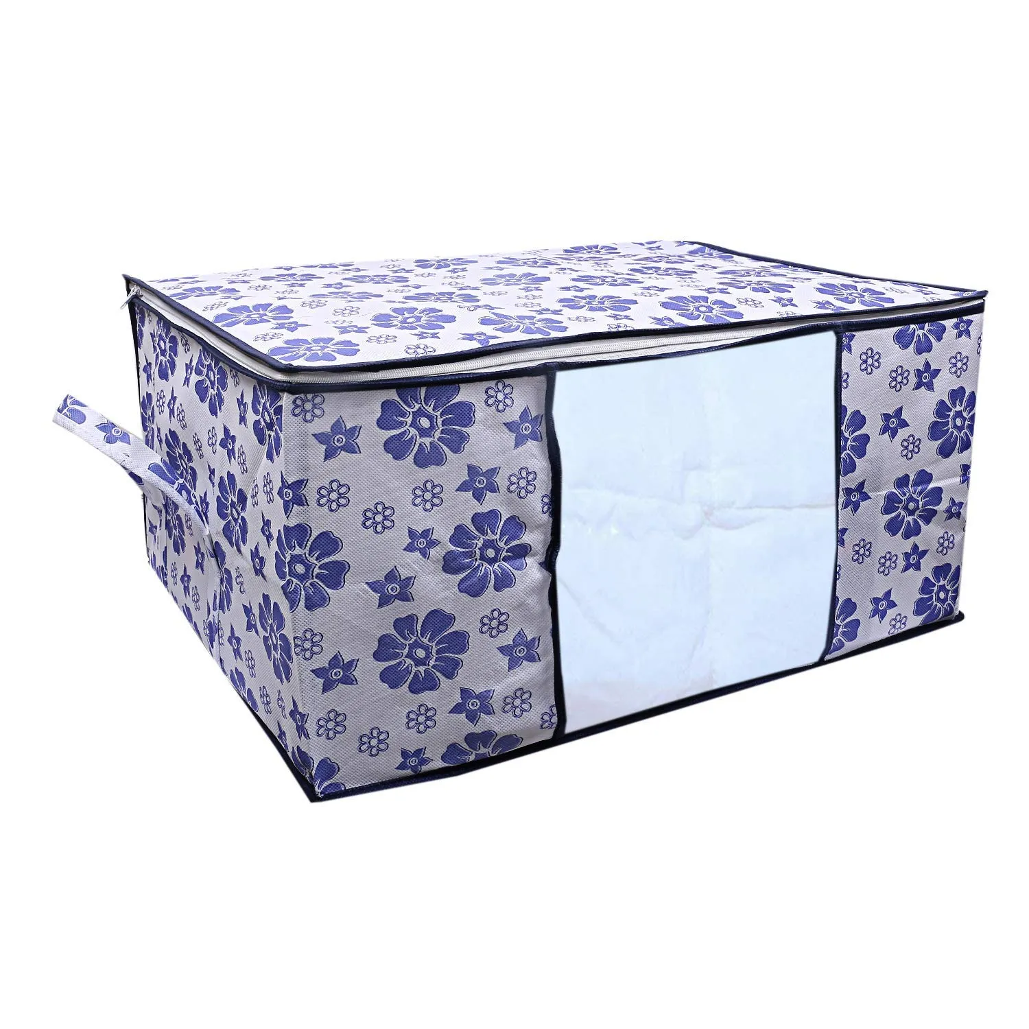 Kuber Industries Flower Design 2 Piece Non Woven Fabric Underbed Storage Bag,Cloth Organiser,Blanket Cover with Transparent Window, Pink & Blue -CTKTC41041