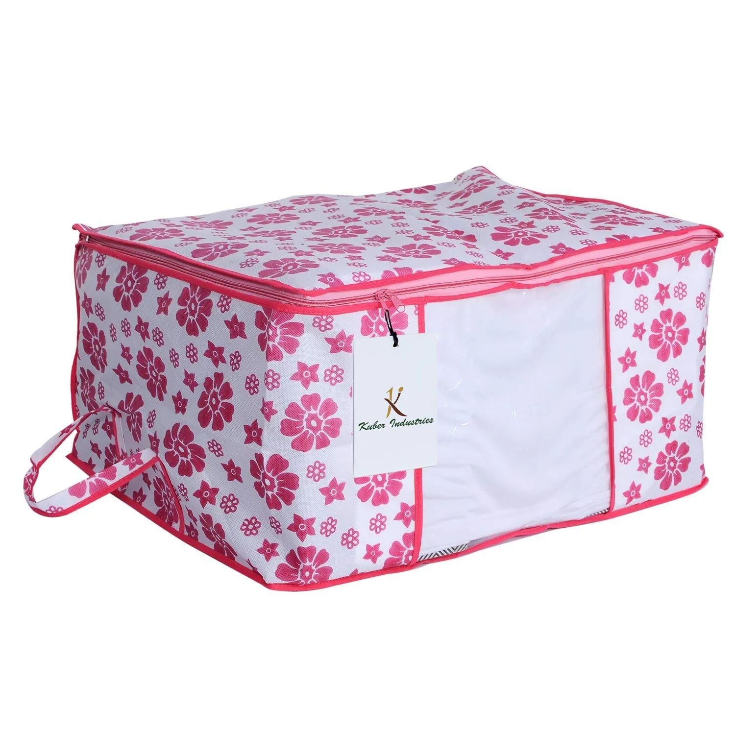 Kuber Industries Flower Design 2 Piece Non Woven Fabric Underbed Storage Bag,Cloth Organiser,Blanket Cover with Transparent Window, Pink & Blue -CTKTC41041