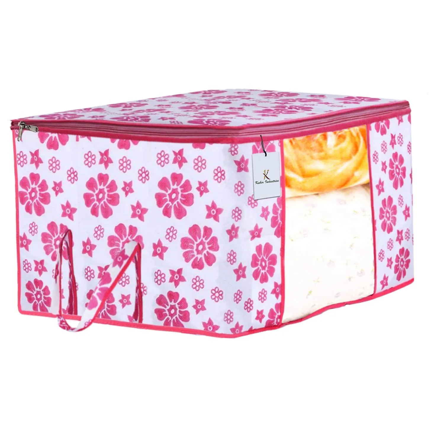 Kuber Industries Flower Design 2 Piece Non Woven Fabric Underbed Storage Bag,Cloth Organiser,Blanket Cover with Transparent Window, Pink & Blue -CTKTC41041