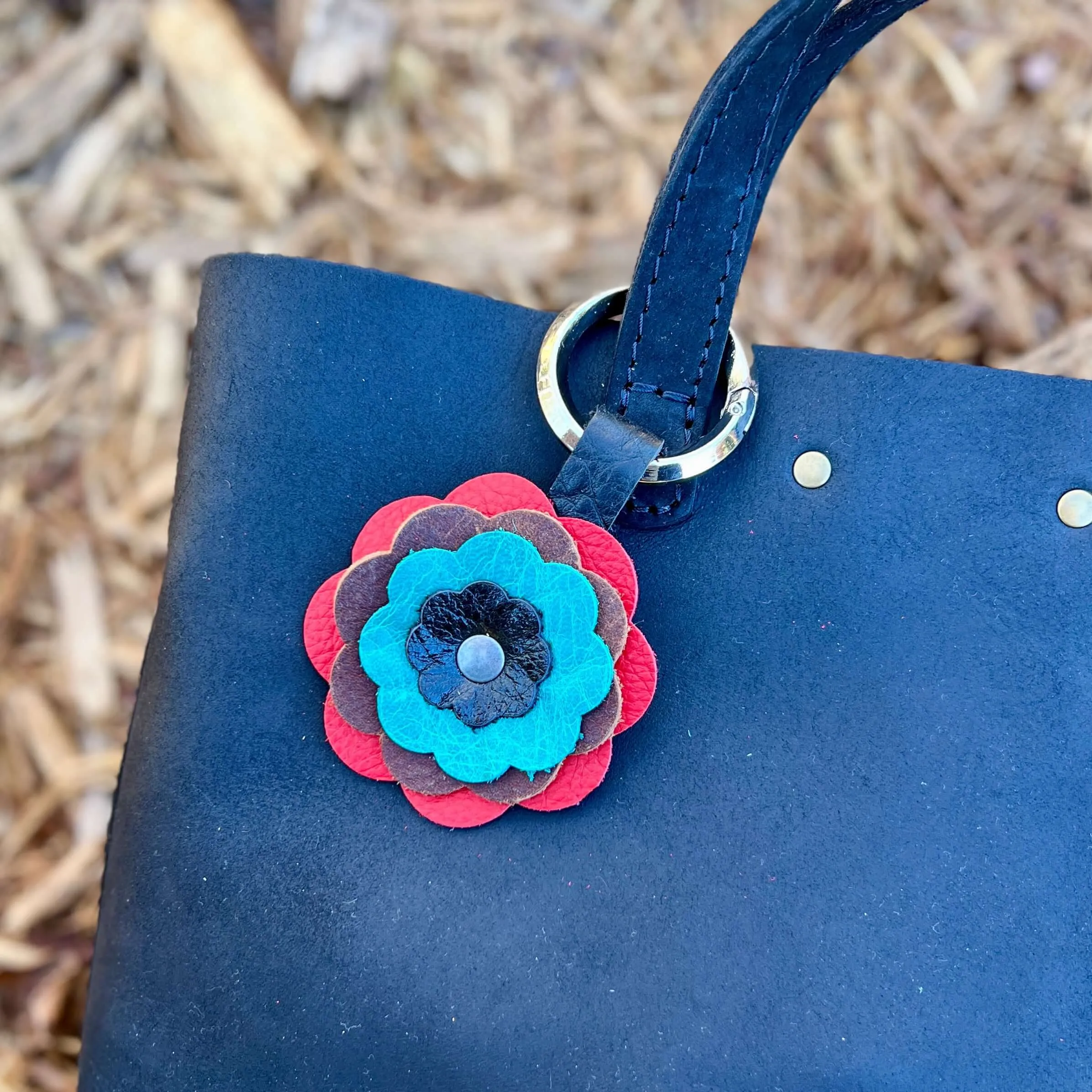 Leather Flower Bag Charm - Red, Brown, Turquoise and Black