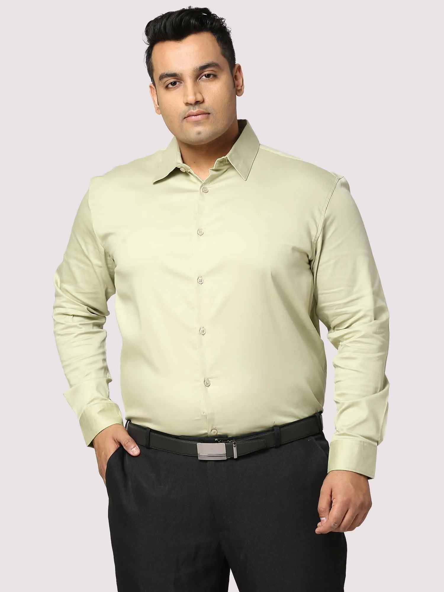 Light Green Solid Stretchable Cotton Shirt Men's Plus Size