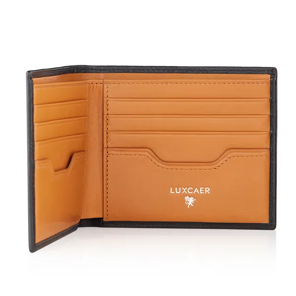 Luxury calfskin leather wallet in black and orange - 8 card slot