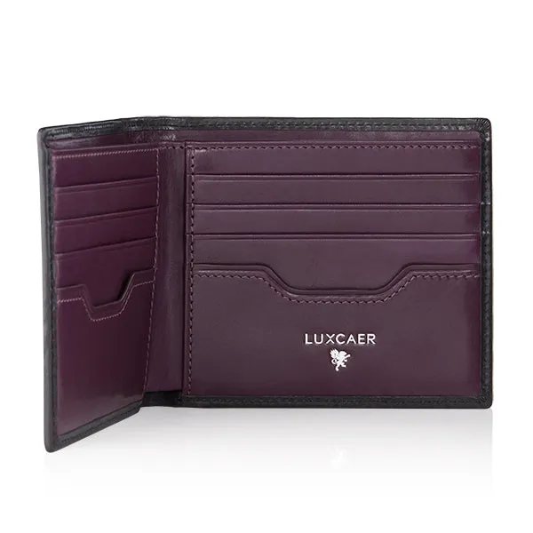 Luxury calfskin leather wallet in black and purple - 8 card slot