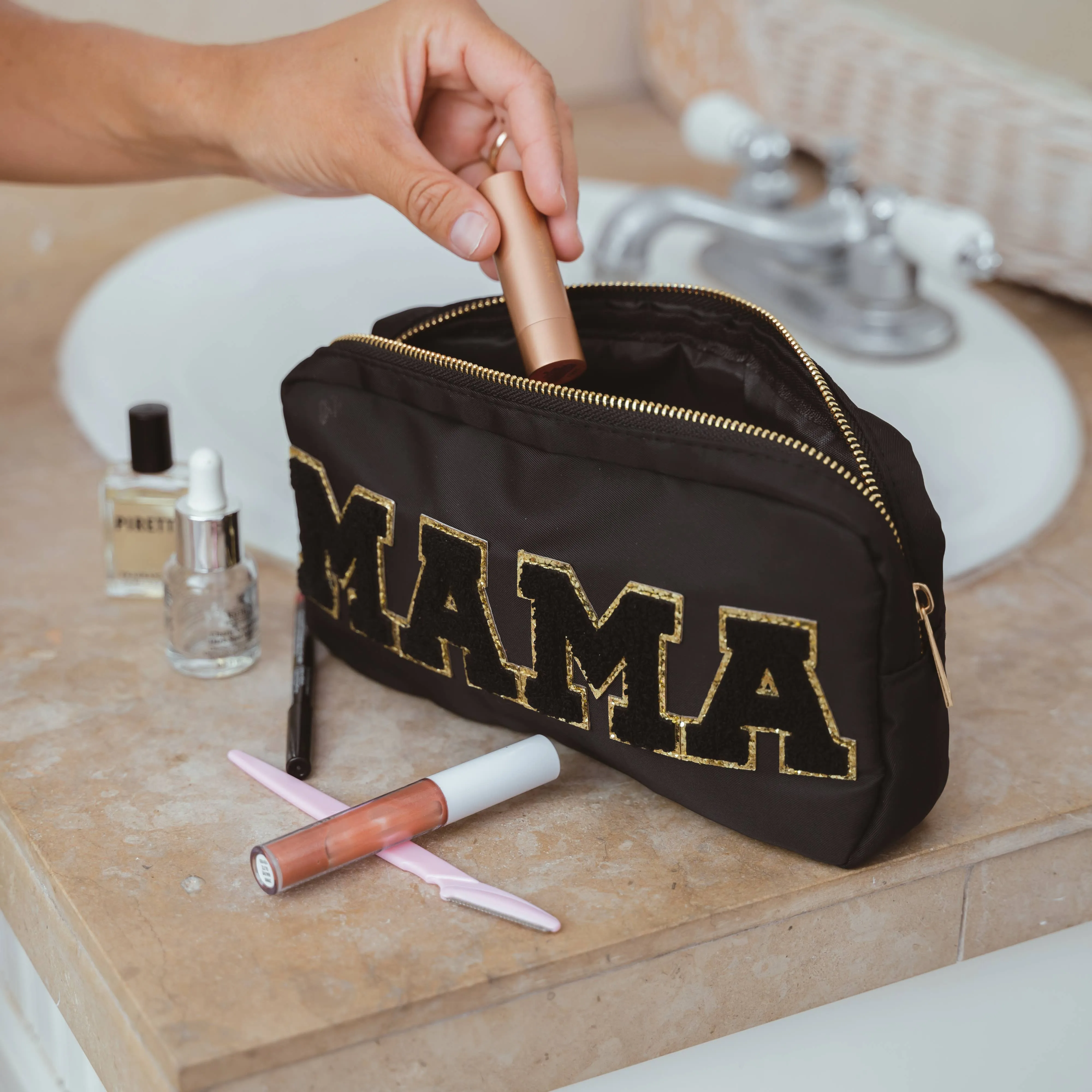 Mama Nylon Chenille Letter Travel Makeup Pouch