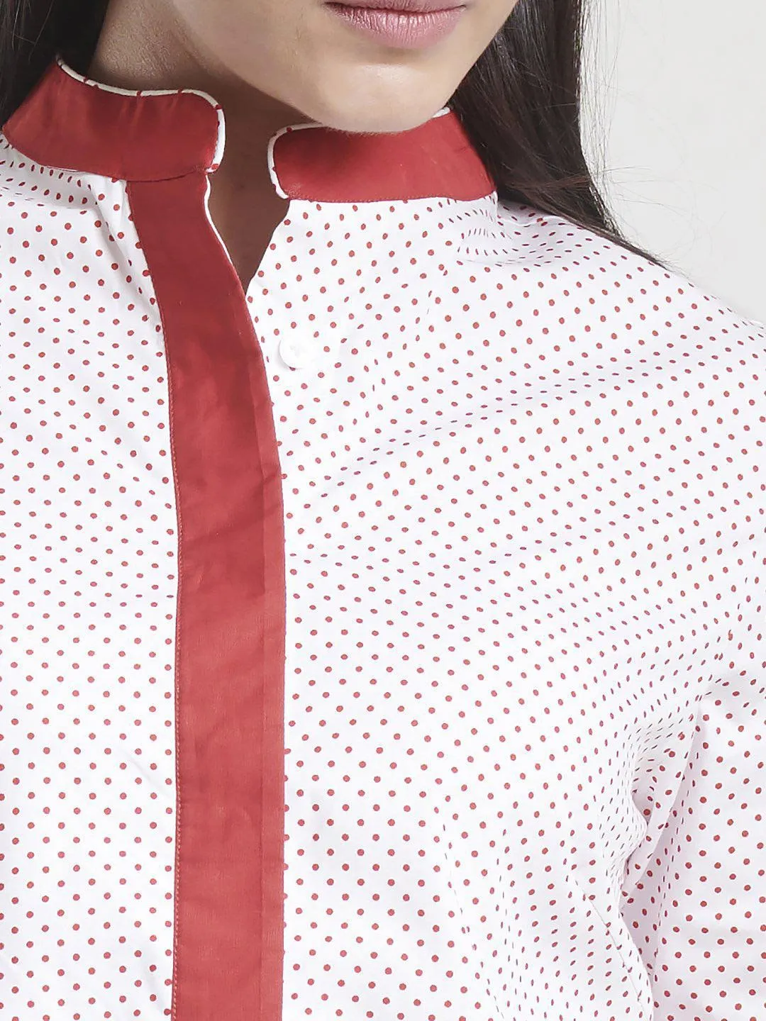 Mandarin Collar Cotton Shirt - White and Red