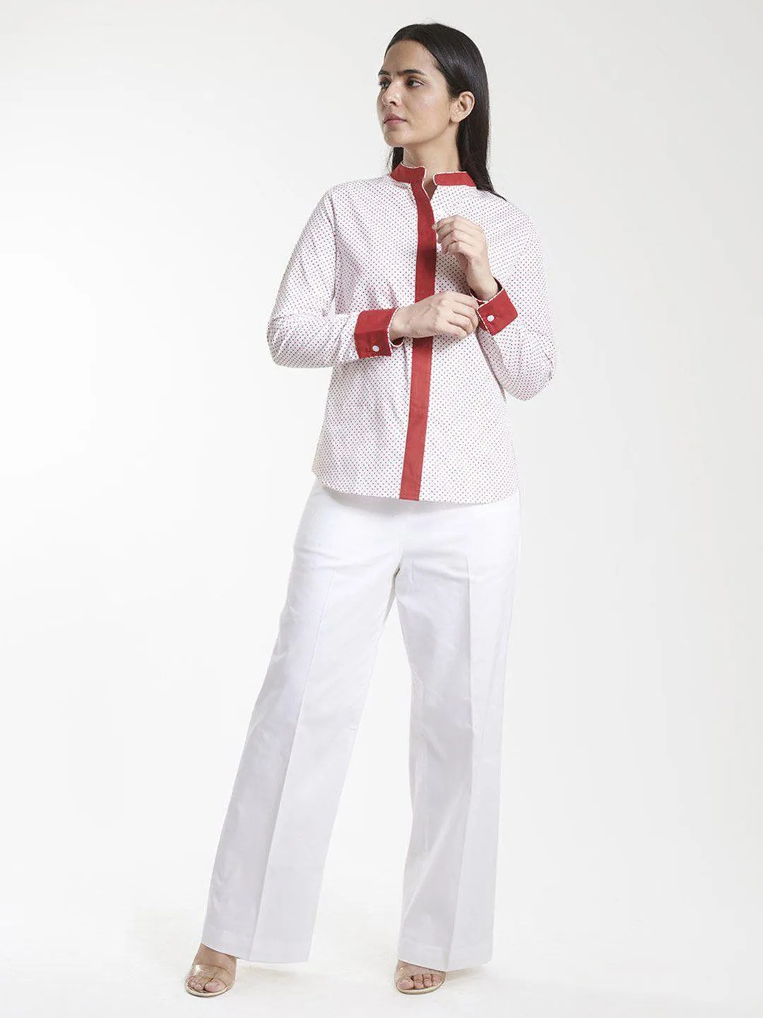 Mandarin Collar Cotton Shirt - White and Red