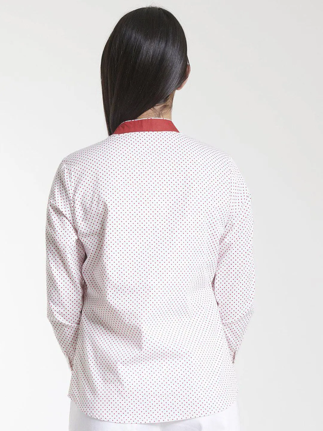 Mandarin Collar Cotton Shirt - White and Red