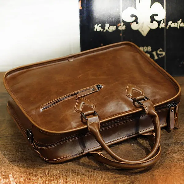 Men Business Cowhide Vintage Laptop Solid Leisure Briefcase