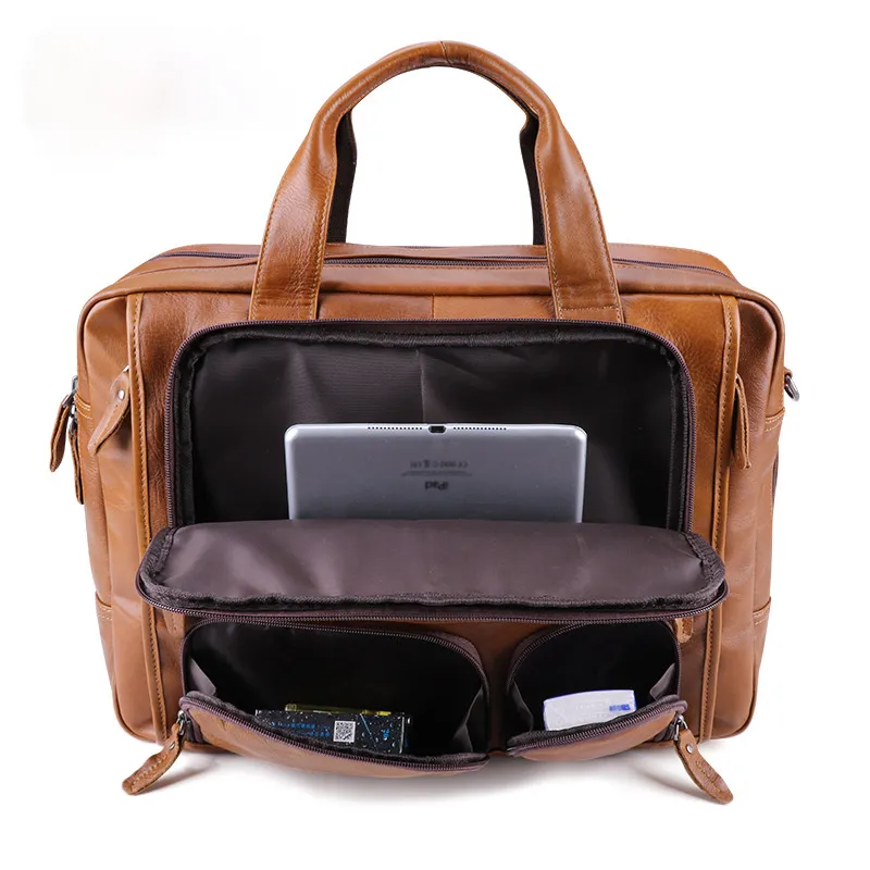 Men Pockets Front Handmade Leather 17" Briefcase Laptop Bag