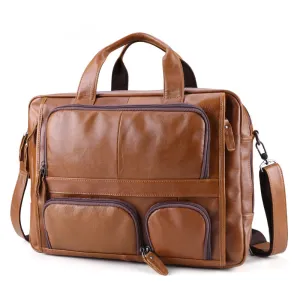 Men Pockets Front Handmade Leather 17" Briefcase Laptop Bag