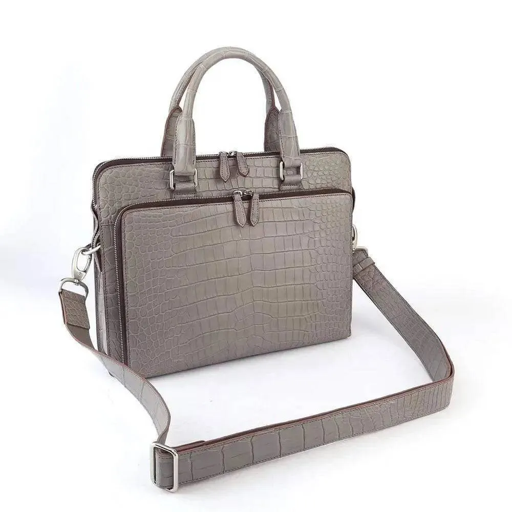 Men's Crocodile  Leather Briefcase with Front Zip Pocket Grey