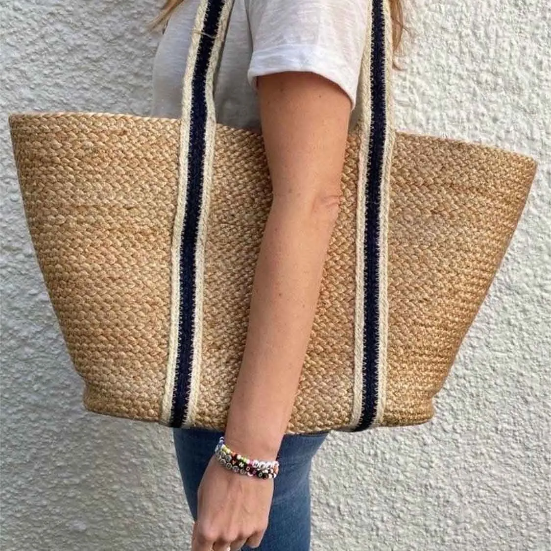 Natural Jute Navy Handle Tote Bag