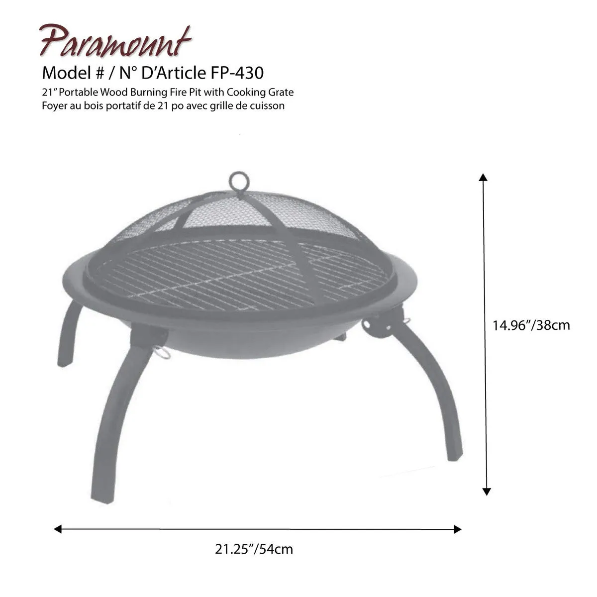 Outdoor Firepit - Paramount Portable Wood Burning Firepit with Cooking Grate, FP-430