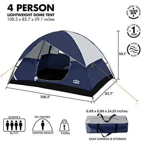 Pacific Pass Camping Tent 4 Person Family Dome Tent