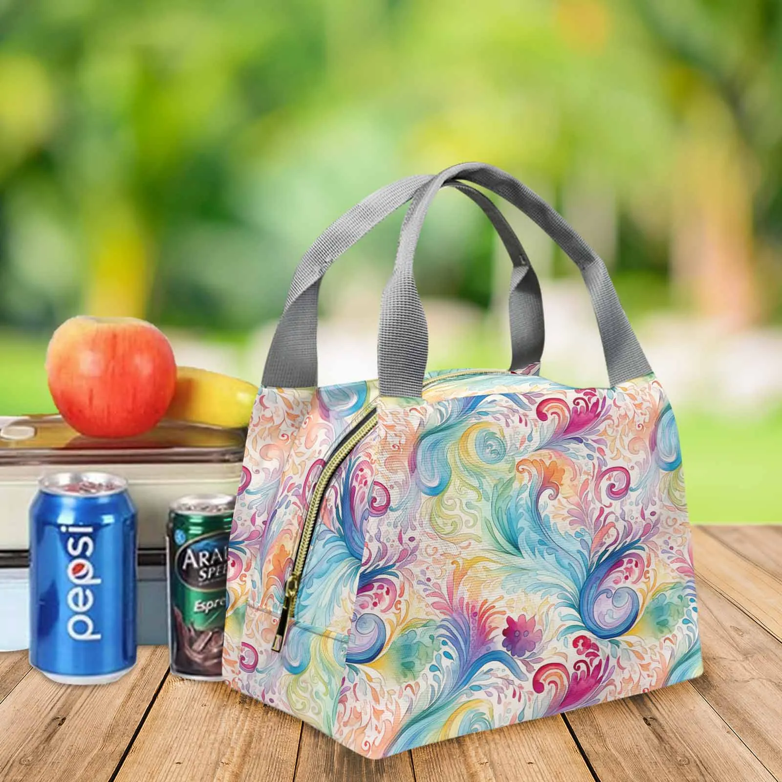 Pastel Rainbow Paisley  Portable Lunch Bag-Grey Handle