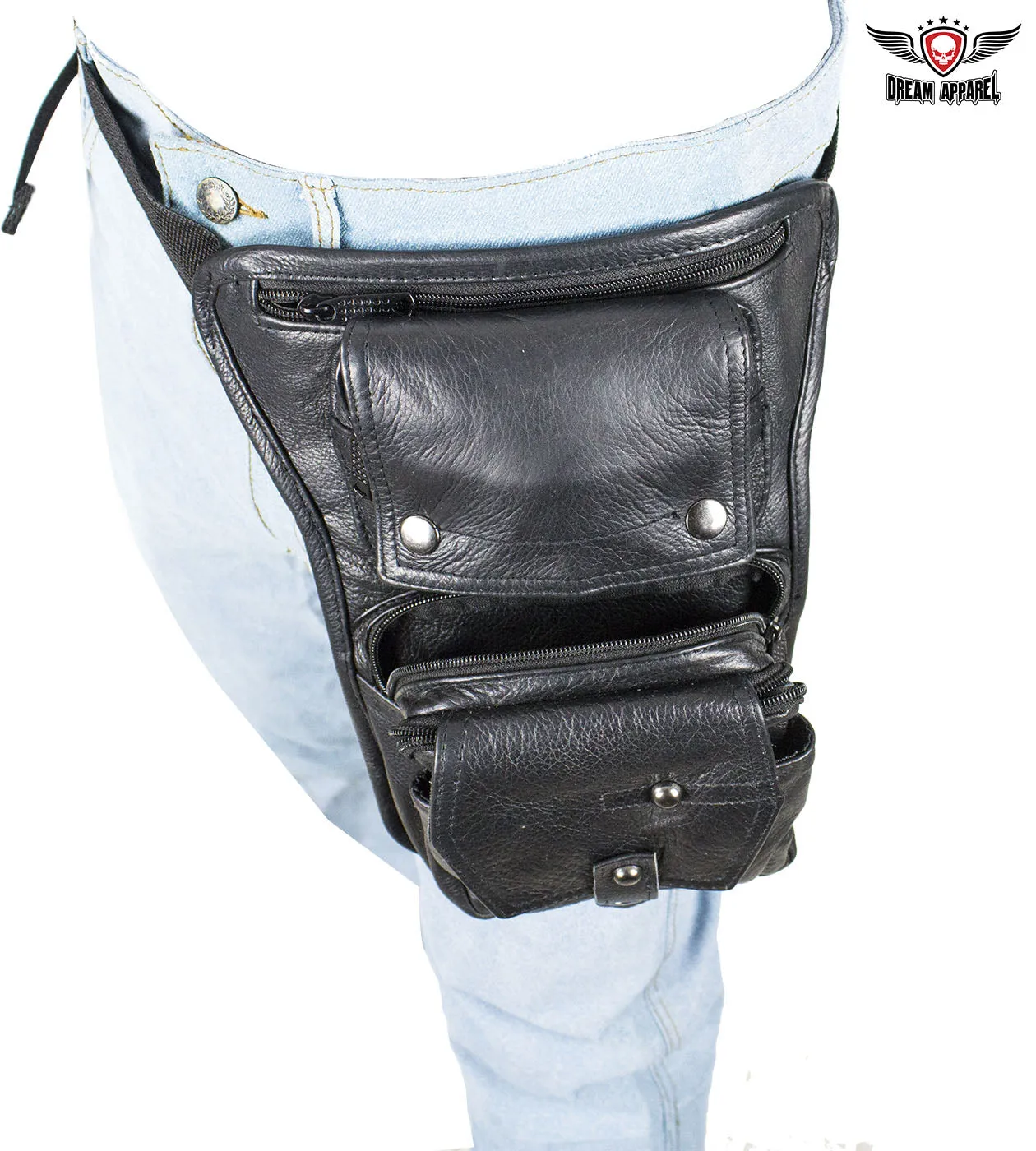 Premier Black Leather Multi Pocket Thigh Bags with Gun Pocket