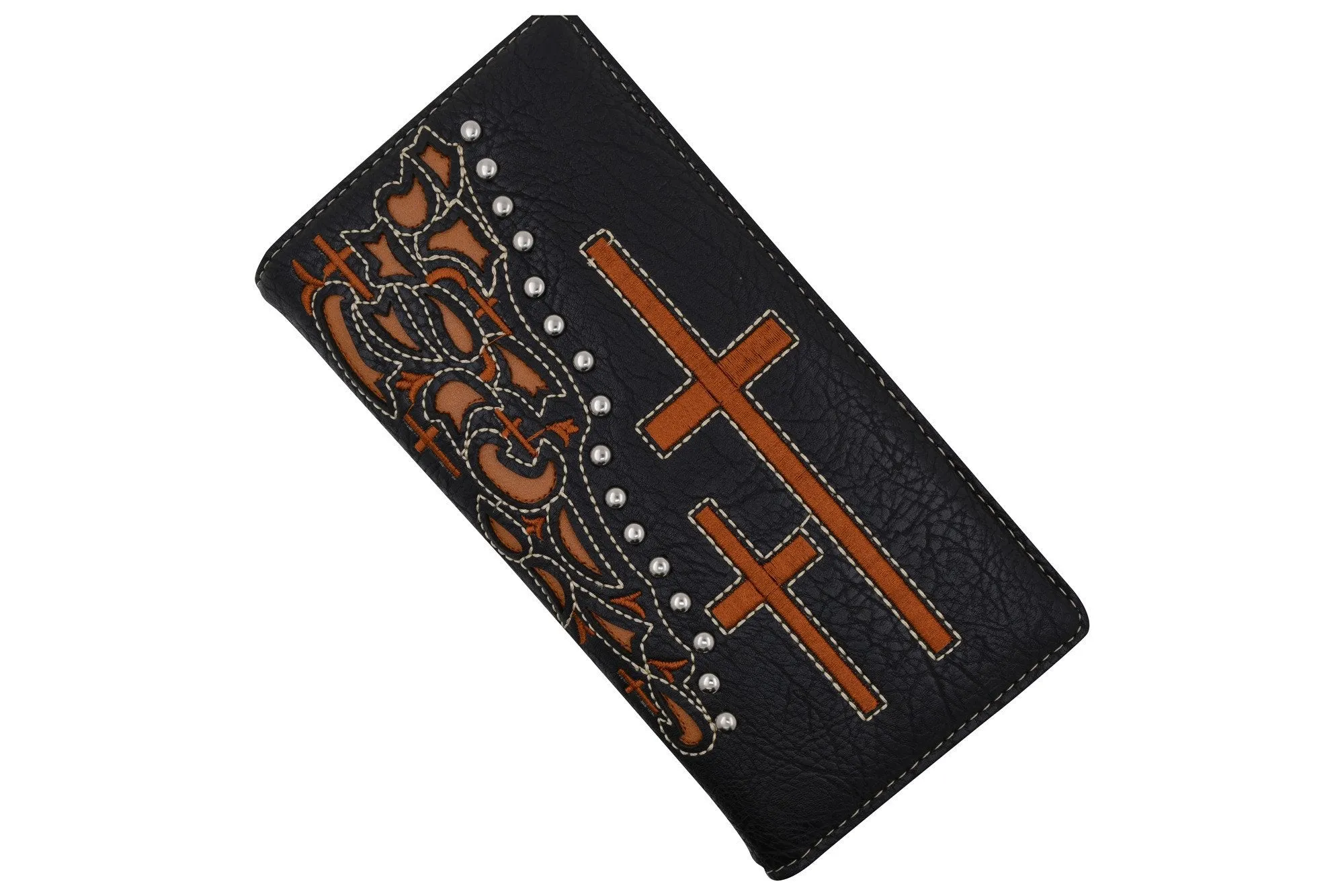 PU Leather Western Men Checkbook Credit Card Wallet Floral Cross Design Texas Style W056-BK-BR (C)