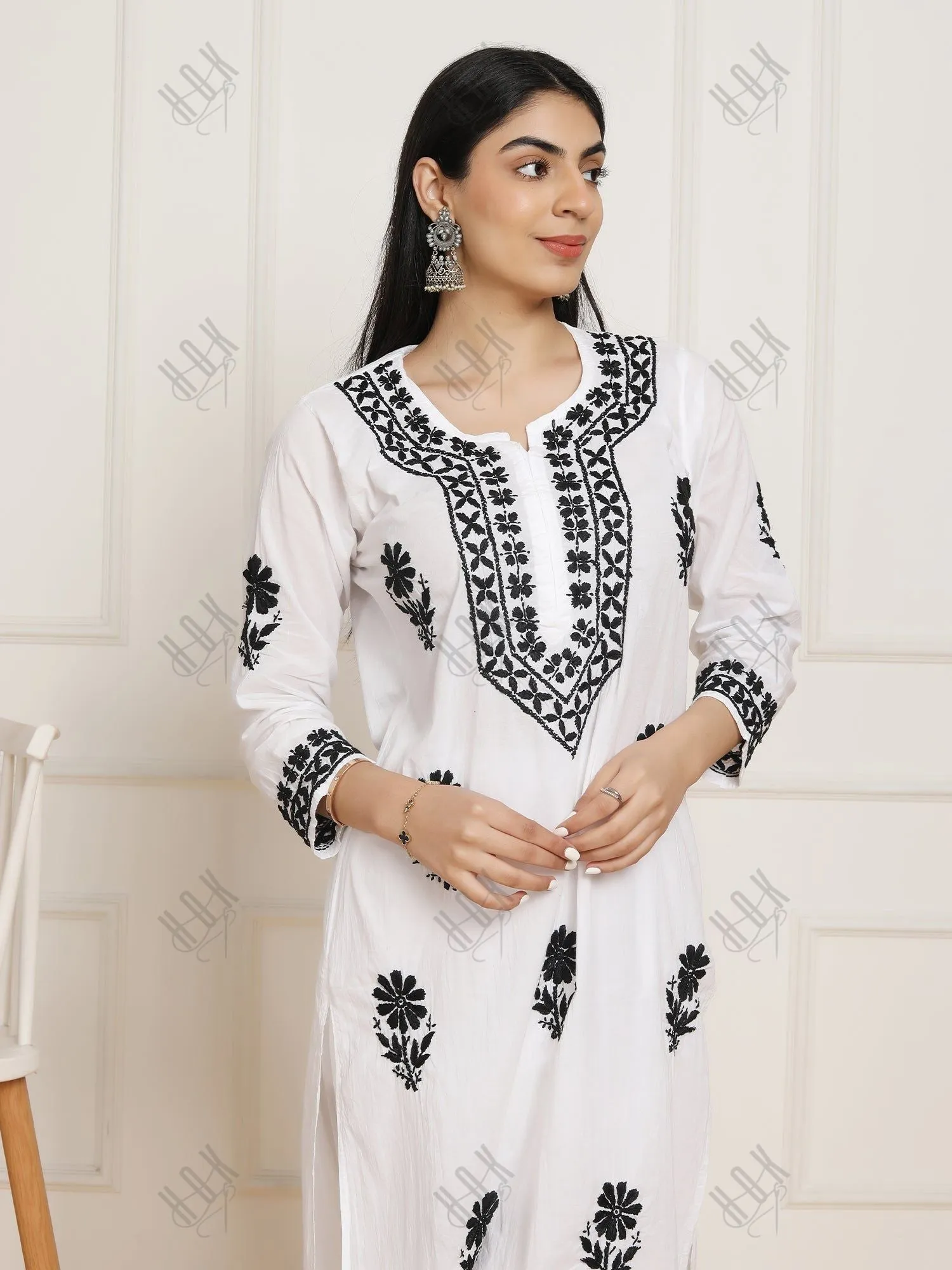 Saba Chikankari Set in Mul cotton Kurta  for Women - White with Black