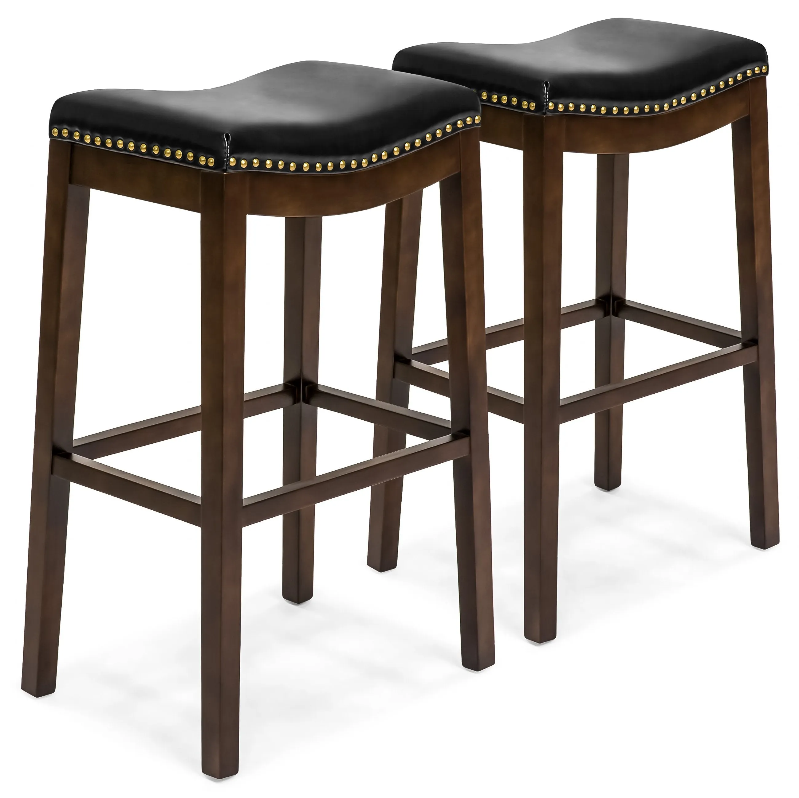 Set of 2 31in Backless Bar Stool Accent Chairs w/ Faux Leather, Brass Studs