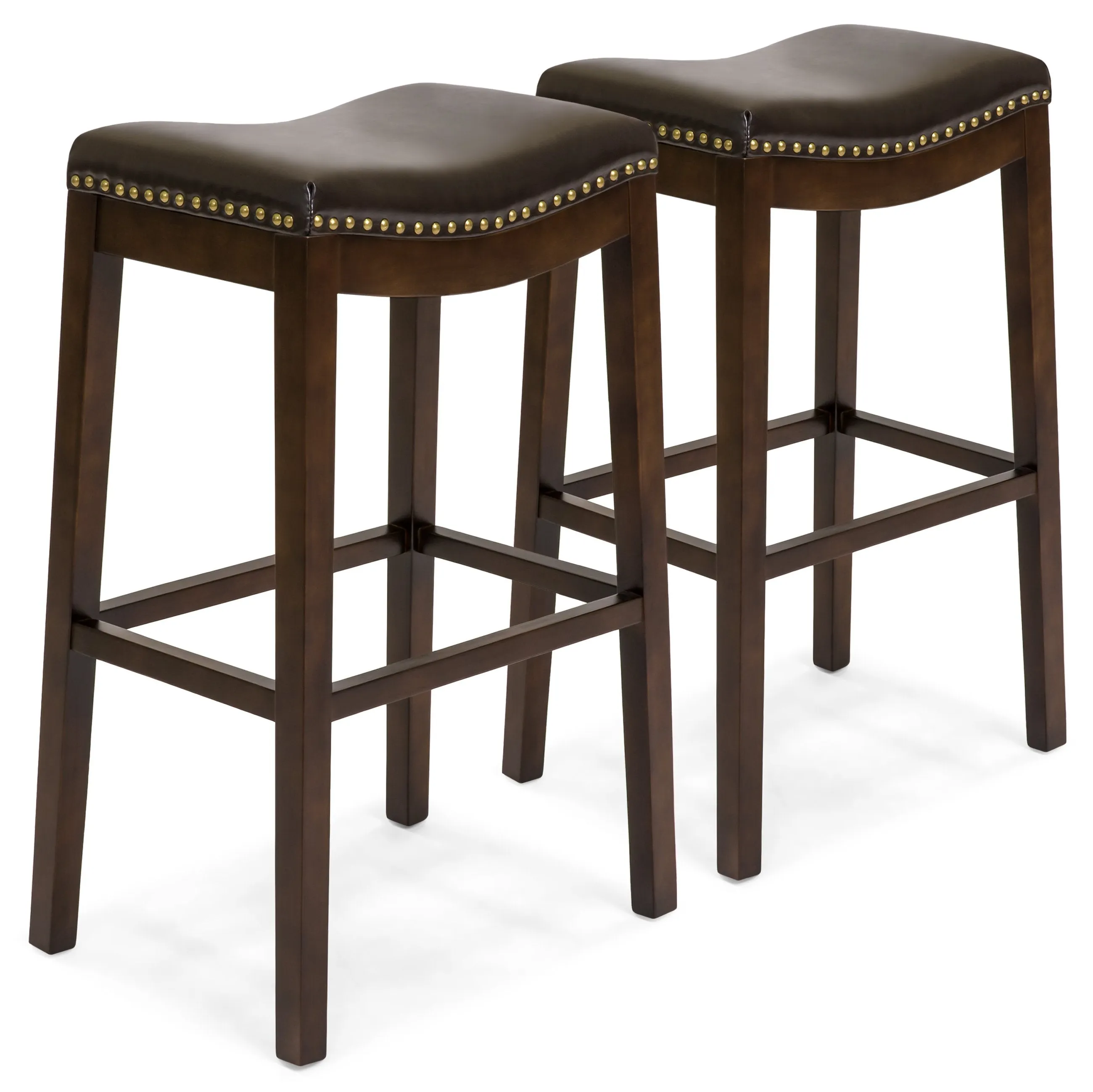 Set of 2 31in Backless Bar Stool Accent Chairs w/ Faux Leather, Brass Studs