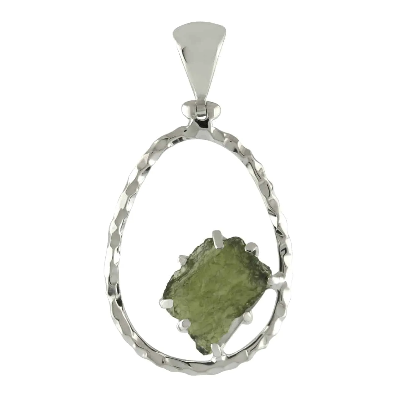 Starborn Raw Moldavite 925 Sterling Silver Hammered Hoop Pendant