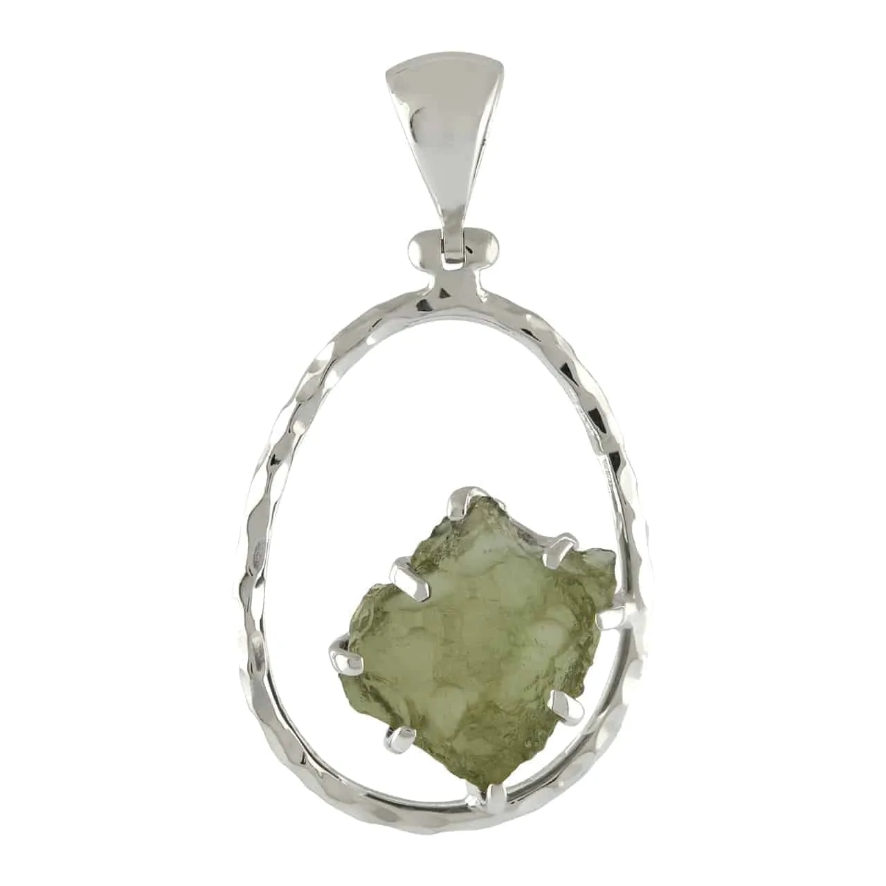 Starborn Raw Moldavite 925 Sterling Silver Hammered Hoop Pendant