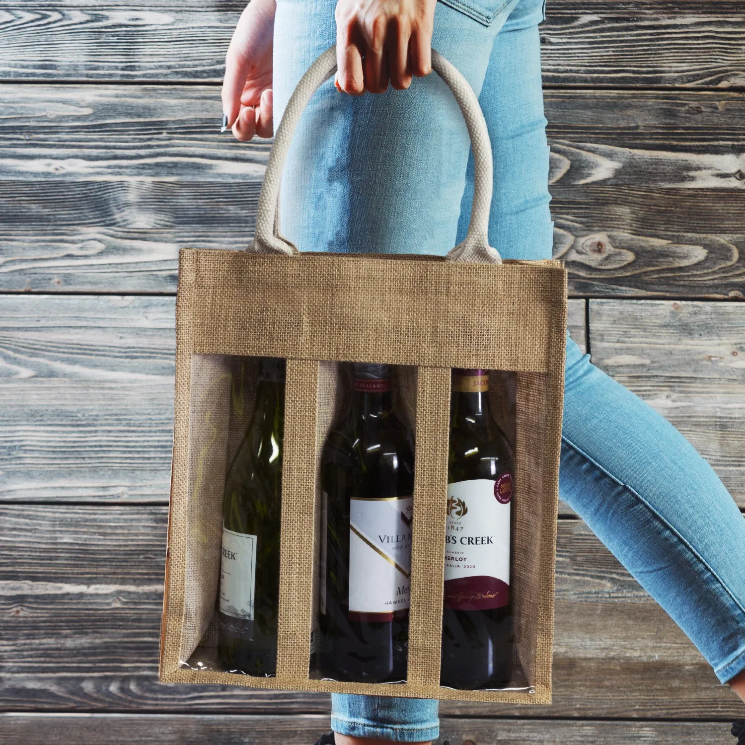 Stock Jute Triple Wine Carrier With PVC(SJB-34T)