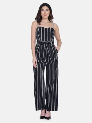 Striped Poly Crepe Comfort Fit Jumpsuit - Black