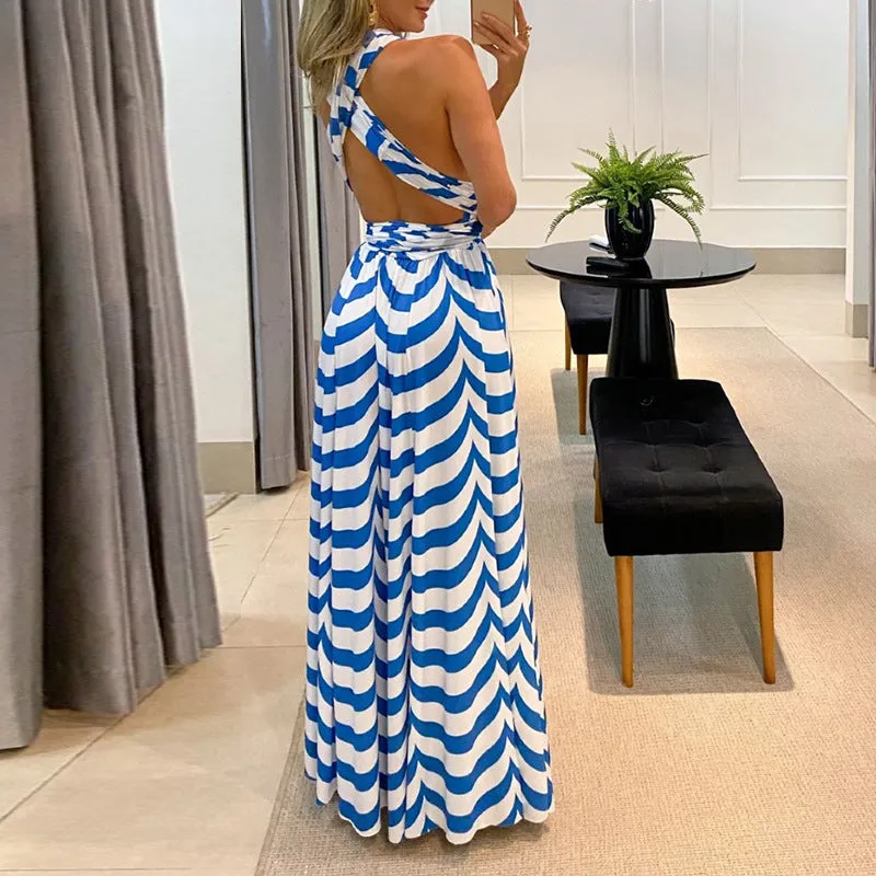 Sweet Striped Halter Slit Resort Dress