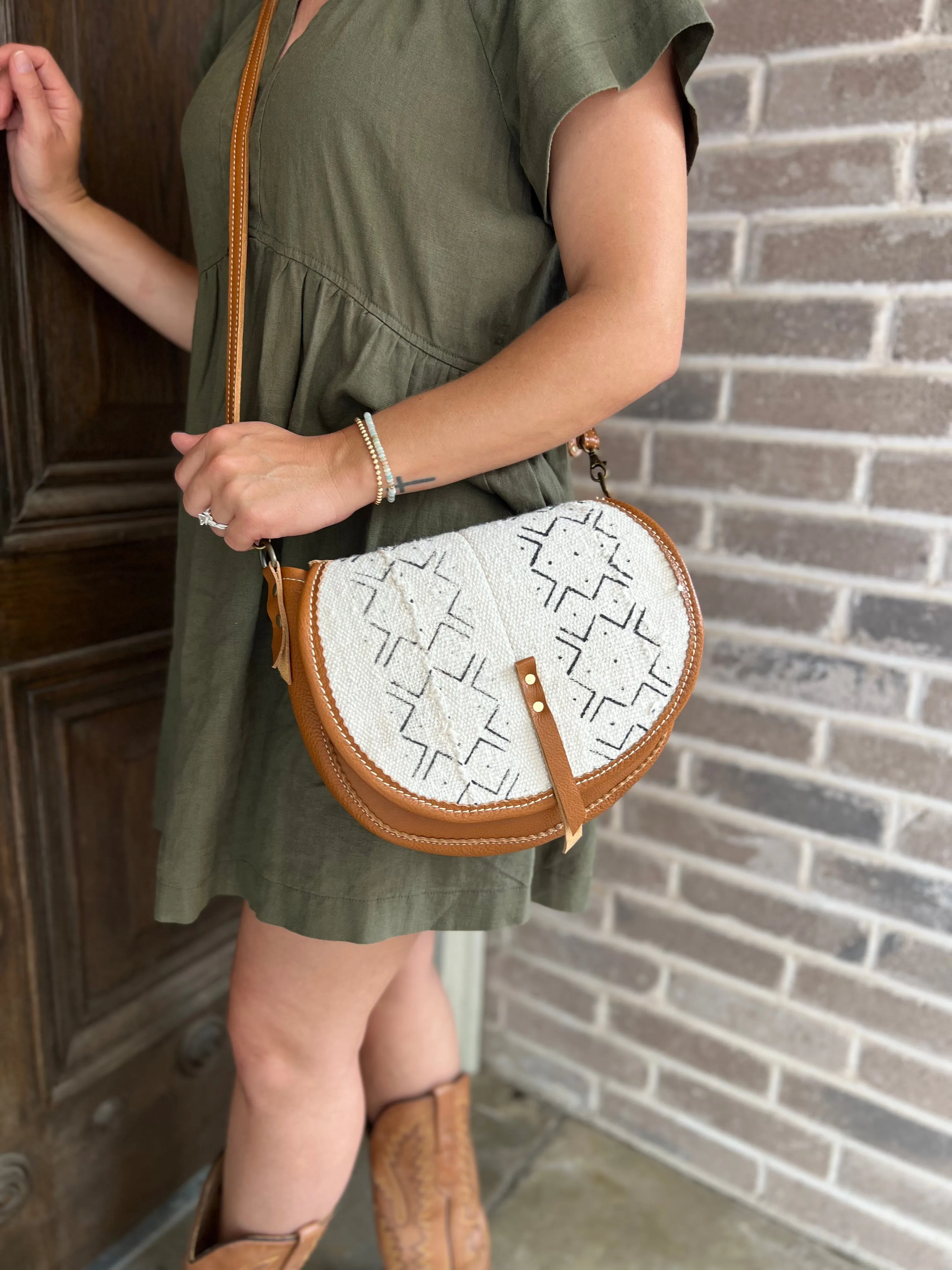 Textile   Leather Saddle Bag in Brown