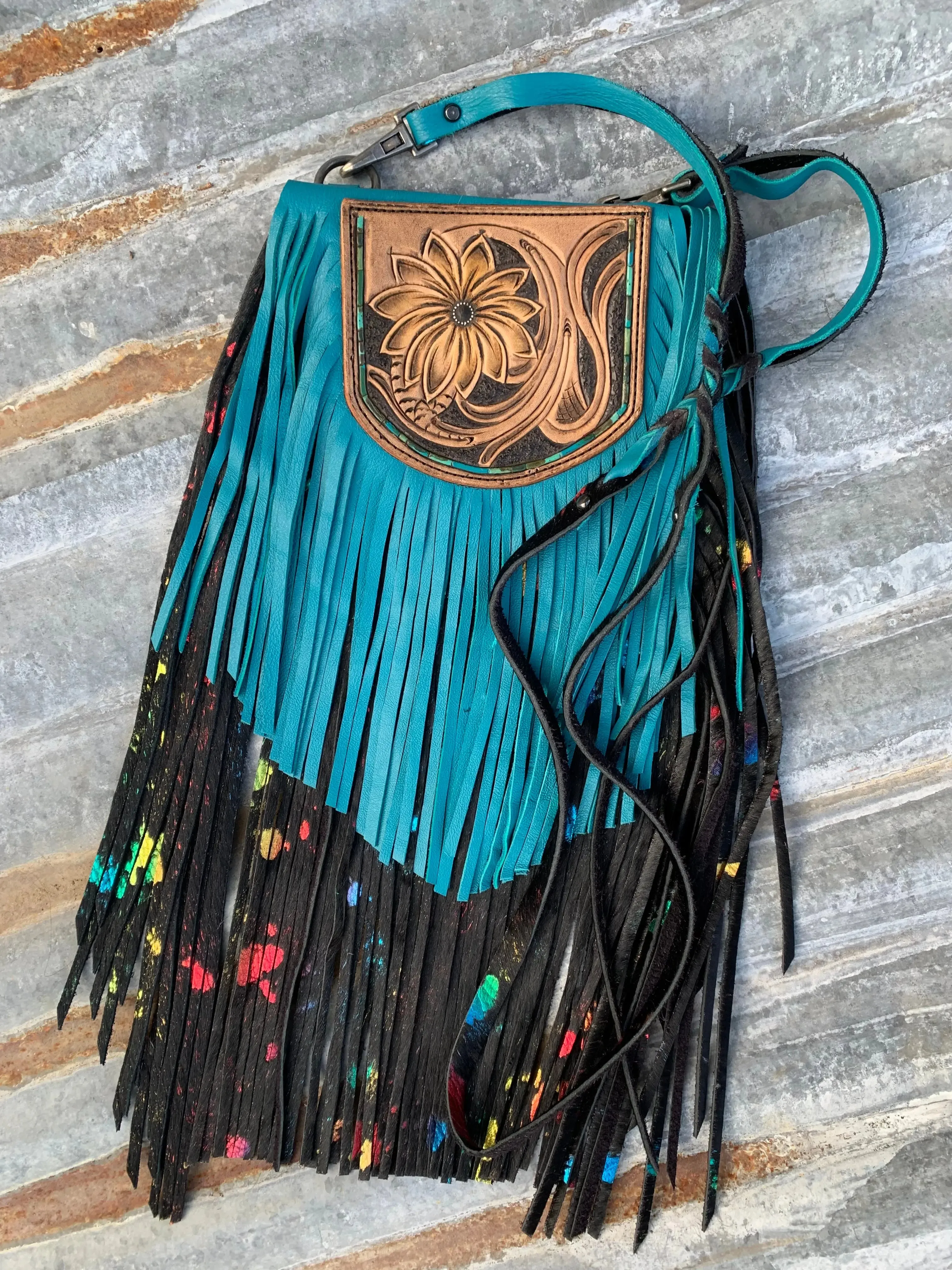 The Arena Leather Fringe Purse with Hand Tooled Sunflower and Confetti Acid Wash Hair on Hide