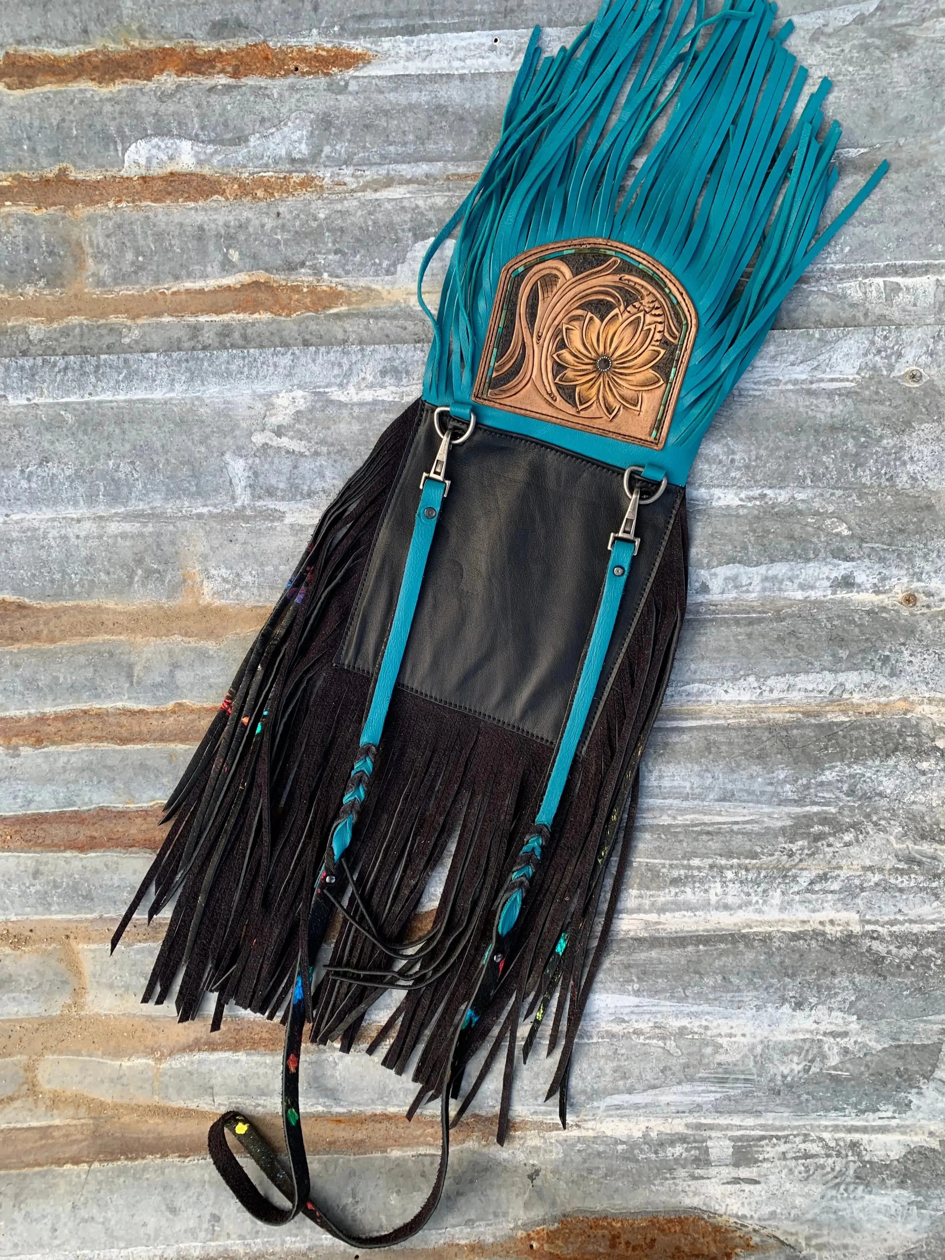 The Arena Leather Fringe Purse with Hand Tooled Sunflower and Confetti Acid Wash Hair on Hide